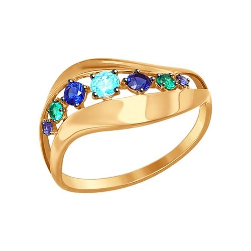 Кольцо из золота с зелёными и синими фианитами