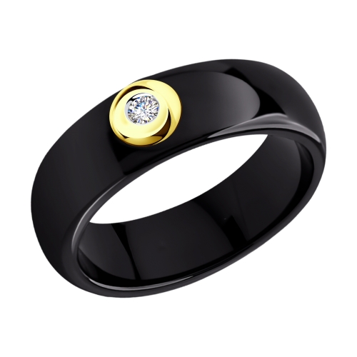 Чёрное керамическое кольцо с бриллиантом и золотом