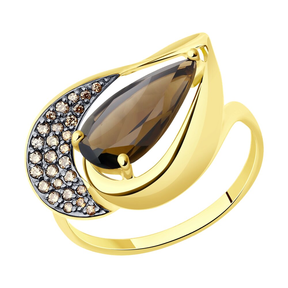 Кольцо из желтого золота с раухтопазом и фианитами