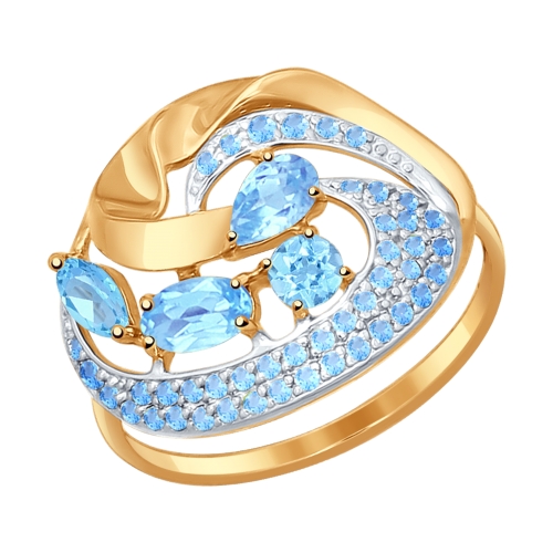 Кольцо из золота с голубыми топазами и голубыми фианитами