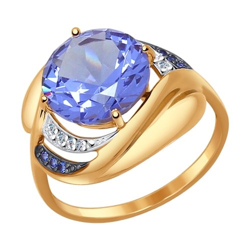 Кольцо из золота с ситаллом и синими и бесцветными фианитами