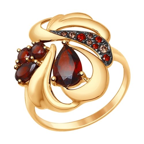 Кольцо из золота с гранатами и коричневыми и красными фианитами