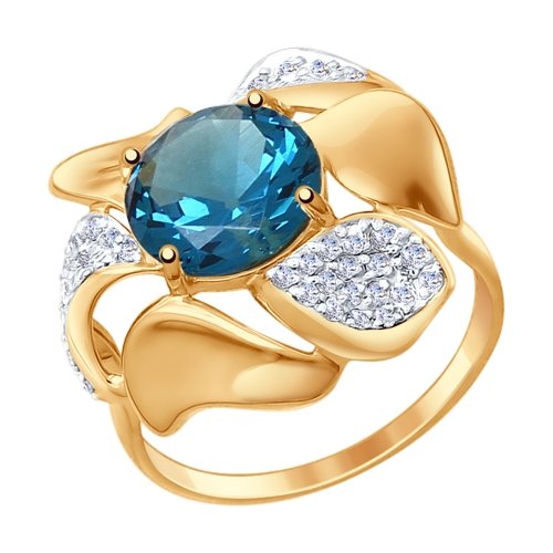 Кольцо из золота с синим ситаллом и фианитами