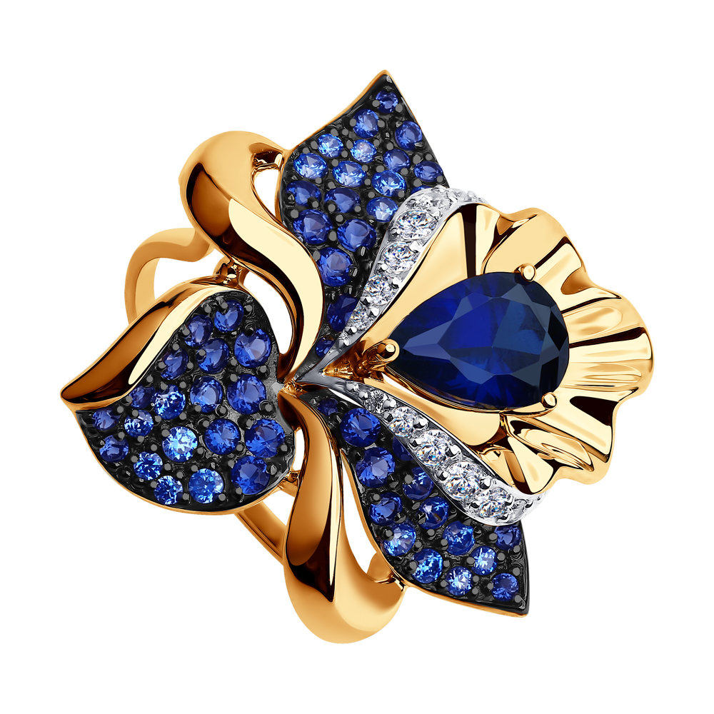 Кольцо из золота с синим корундом (синт.) и бесцветными, голубыми и синими фианитами