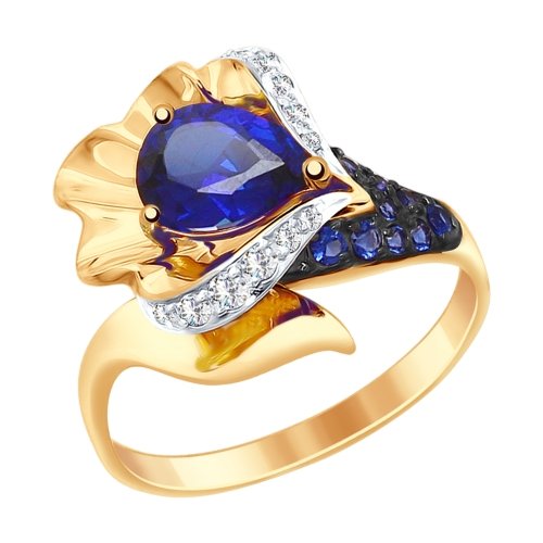 Кольцо из золота с синим корундом (синт.) и бесцветными и синими фианитами