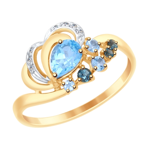 Кольцо из золота с голубыми и синими топазами и фианитами