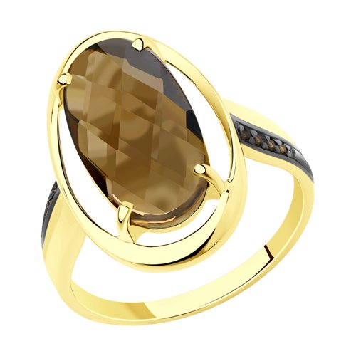 Кольцо из желтого золота с раухтопазом и фианитами