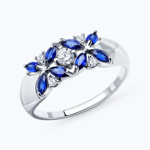 Кольцо из серебра с корундами сапфировыми (синт.) и фианитами