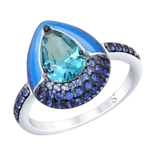 Кольцо из серебра с эмалью и синим ситаллом и фианитами