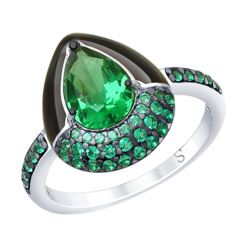 Кольцо из серебра с эмалью и зелёным ситаллом и фианитами