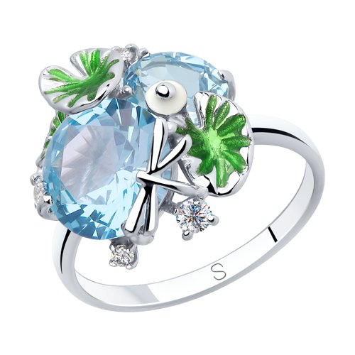 Кольцо из серебра с эмалью и голубыми ситаллами и фианитами