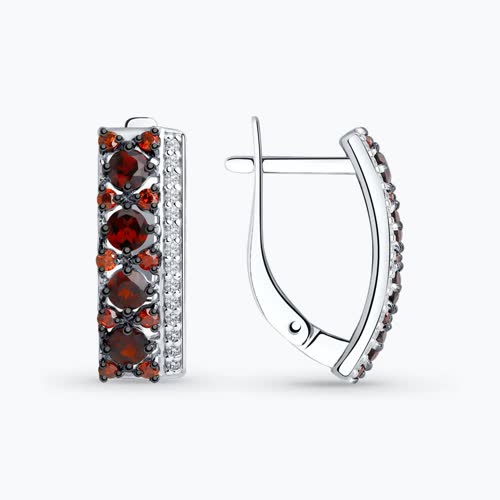 Серьги из серебра с гранатами и красными и бесцветными фианитами