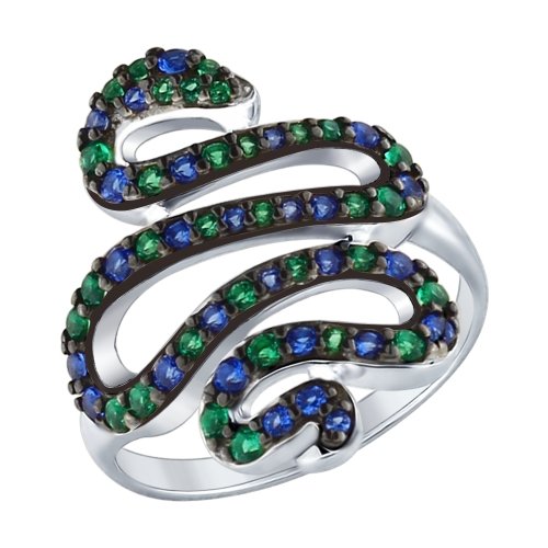 Кольцо из серебра с зелеными и синими фианитами