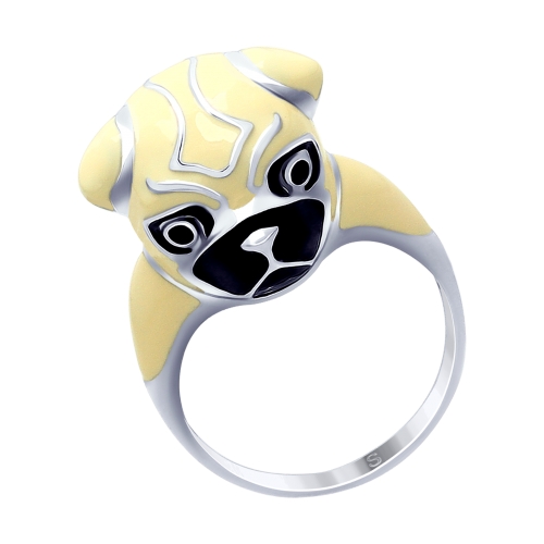 Серебряное кольцо с эмалью «Мопс»