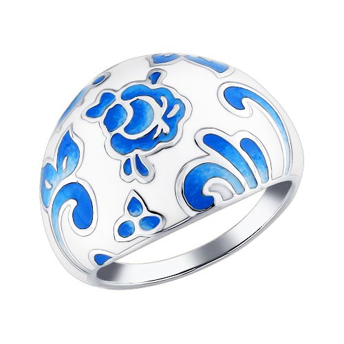 Серебряное кольцо с бело-голубой эмалью