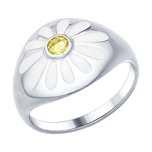 Кольцо из серебра с эмалью с фианитом «Ромашки»