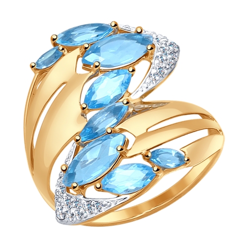 Кольцо из золота с голубыми топазами и фианитами