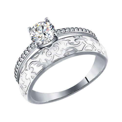 Серебряное кольцо с фианитами и белой эмалью