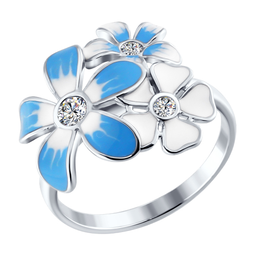 Кольцо цветы из серебра с голубой эмалью c фианитами