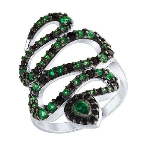 Кольцо из серебра с зелеными и чёрными фианитами
