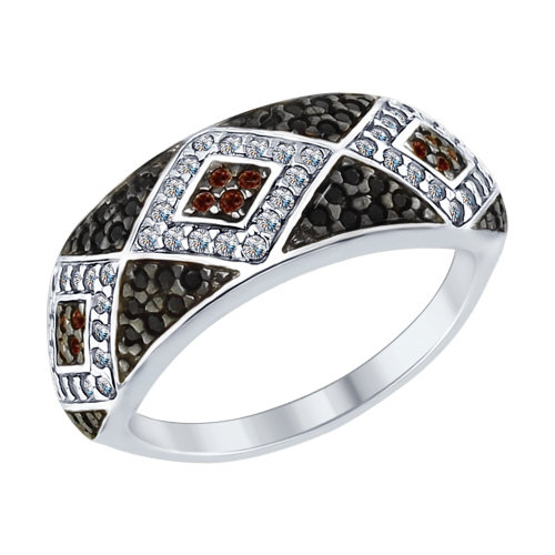 Кольцо из серебра с бесцветными, коричневыми и чёрными фианитами