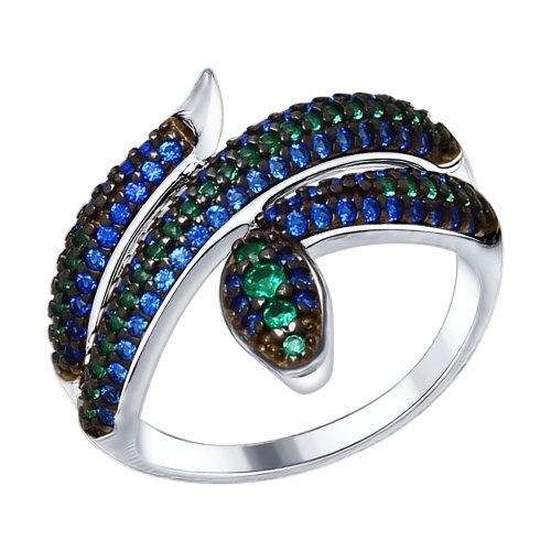 Кольцо из серебра с зелеными и синими фианитами