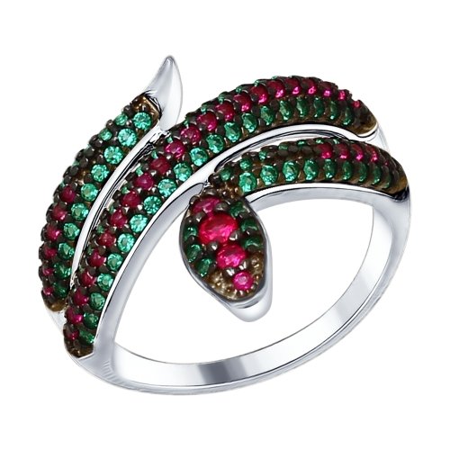 Кольцо из серебра с зелеными и красными фианитами